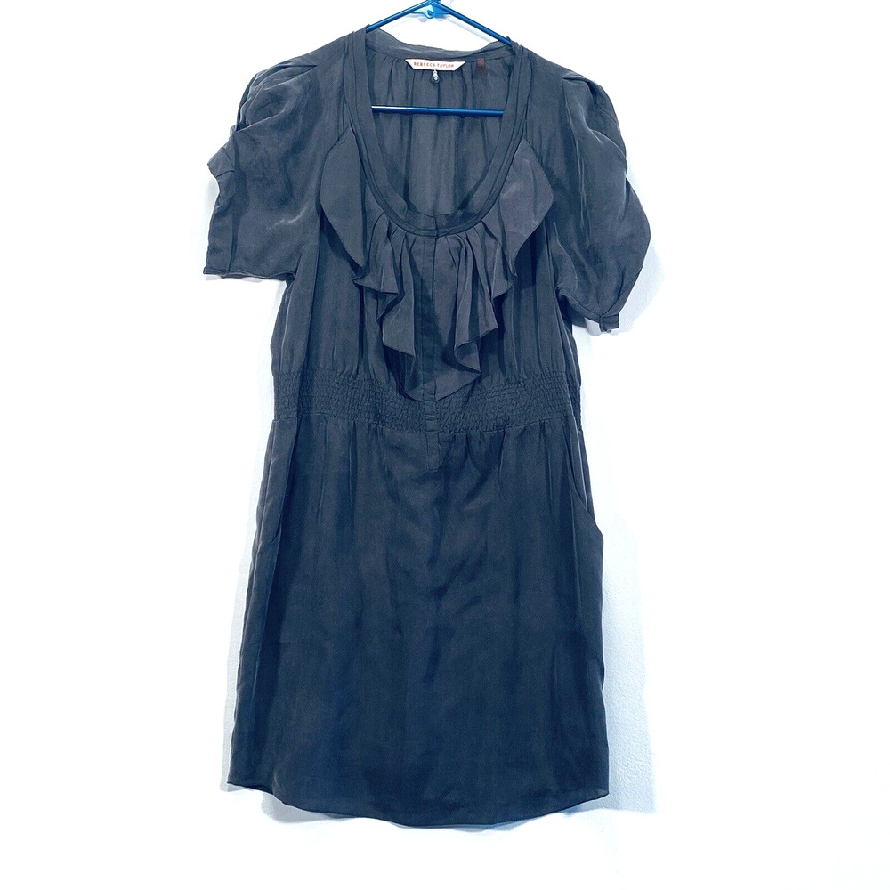 Rebecca Taylor Dress Size 6 Gray 100% Silk Scoop Neck Ruffle Mini